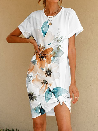 Floral Regular Fit Vacation Cotton Blends Knee Dresses, White, Floral Dresses