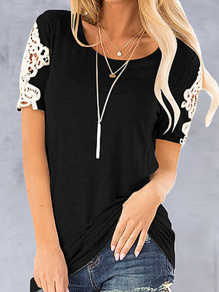 Casual Cotton Blends Loosen Shirts & Tops, Black, T-Shirts
