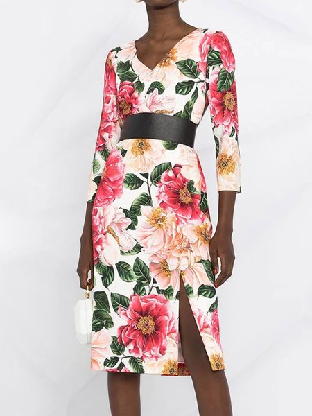 

Elegant Floral V Neck Three Quarter Dress, Multicolor, Midi Dresses