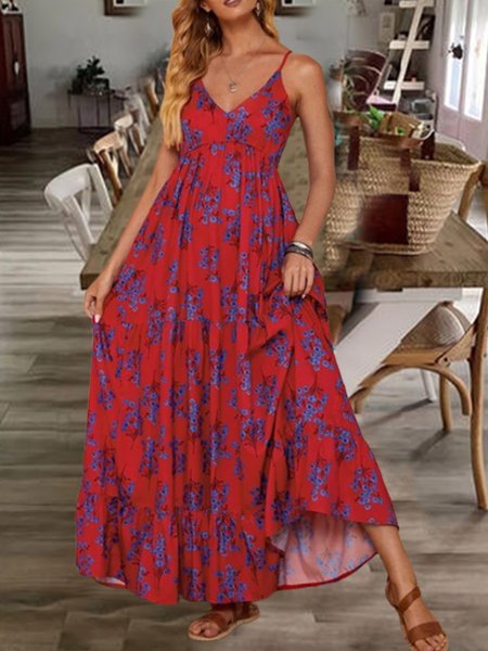 

Floral Elegant Loosen V Neck Dresses, Red, Boho dresses