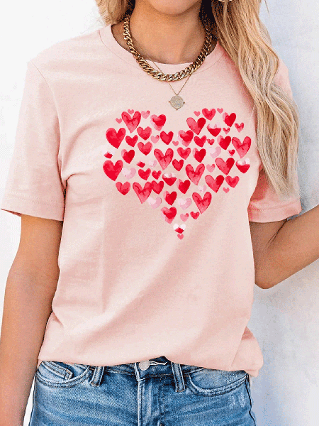 

hearts print crew neck short sleeve graphic tee, Pink, T-Shirts