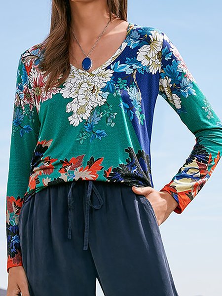 

Casual Floral Long Sleeves V Neck T-shirt Shirts & Tops, Green, T-Shirts
