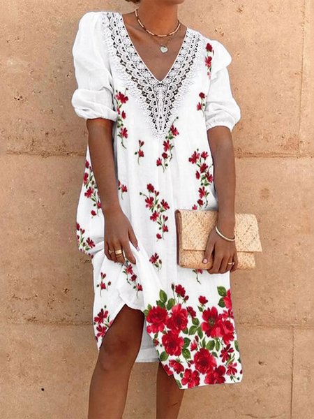 

Floral Lace Casual Half Sleeve V Neck A-line Loosen Dresses, White, Midi Dresses