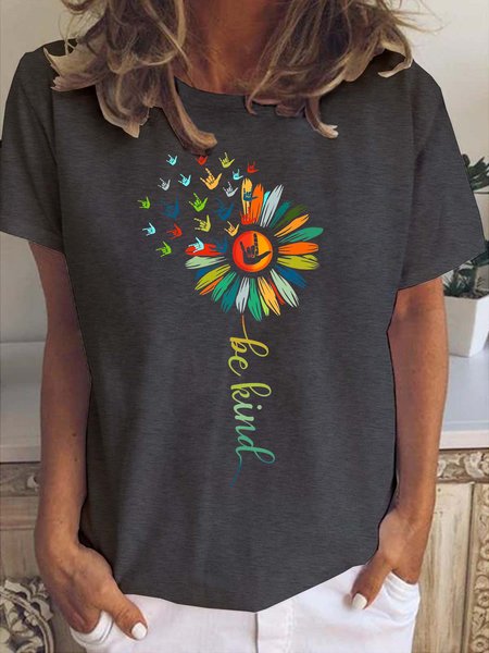 

Be Kind Print Crew Neck Casual Short Sleeve T-shirt, Deep gray, T-shirts
