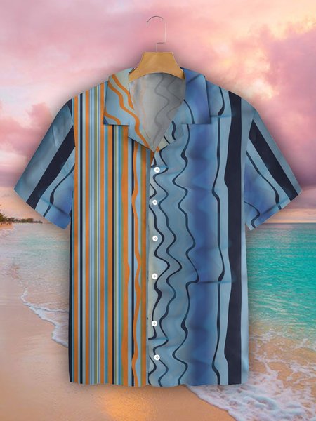 

Creative Striped Graphic Short Sleeve Casual Men's Shirt, Multicolor, Men's Floral shirt