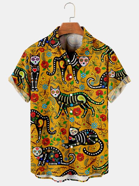 

Vintage Skull Graphic Short Sleeve Casual Men's Shirt, As picture, Men's Floral shirt