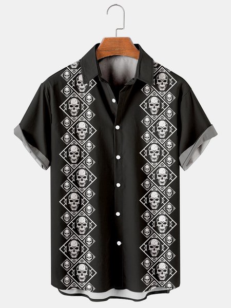 

Vintage Skull Graphic Short Sleeve Casual Men's Shirt, As picture, Men's Floral shirt