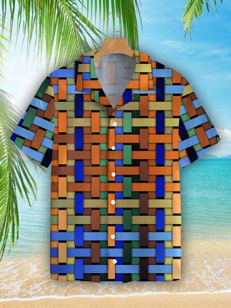 

Creative Striped Graphic Short Sleeve Casual Men's Shirt, Multicolor, Men's Floral shirt