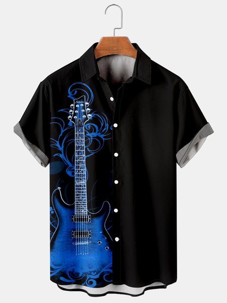 

Mens Guitar Pattern Short Sleeve Shirt Casual Print Loose Top, Black, Men's Floral shirt