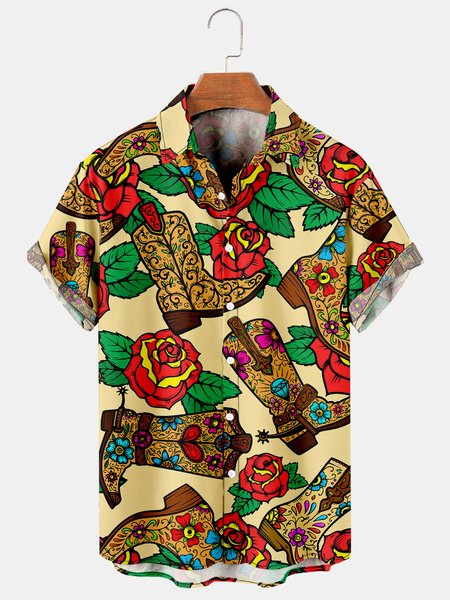 

Vintage Graphic Short Sleeve Casual Men's Shirt, As picture, Men's Floral shirt