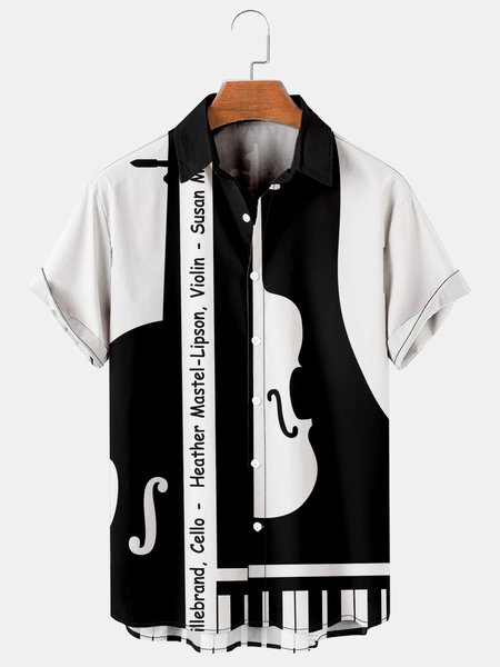 

Men's Vintage Guitar Print Loose Short Sleeve Shirt, Black, Men's Floral shirt