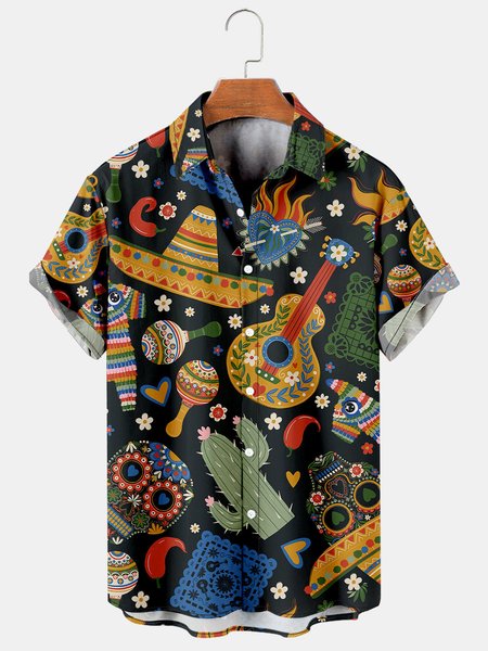 

Vintage Skull Graphic Short Sleeve Casual Men's Shirt, As picture, Men's Floral shirt