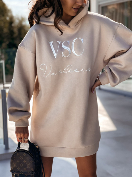 

Letter Casual Hooded Dresses, Apricot, Dresses