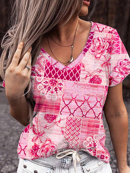 

Casual Cotton Blends Short Sleeve T-shirt, Rose red, T-Shirts