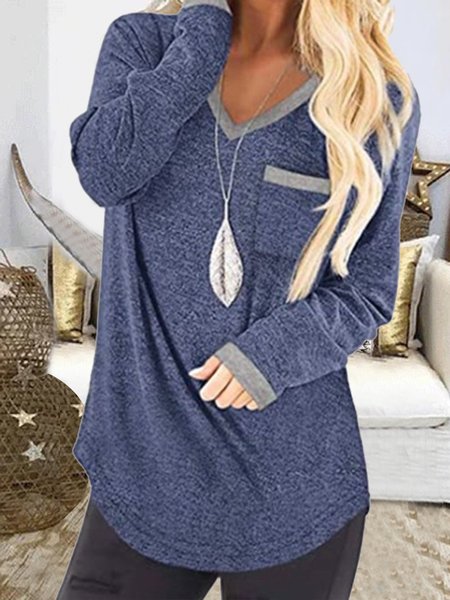 

Loosen Casual V Neck Shirts & Tops, Blue, Long sleeve tops