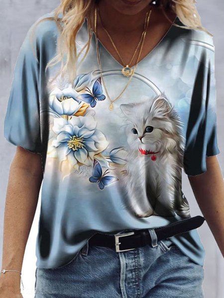 

V Neck Cat Cotton Blends Shirts & Tops, Blue, T-Shirts
