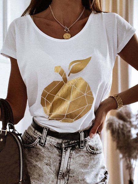 

Casual Round Neck Cotton Blends Shirts & Tops, White, T-Shirts