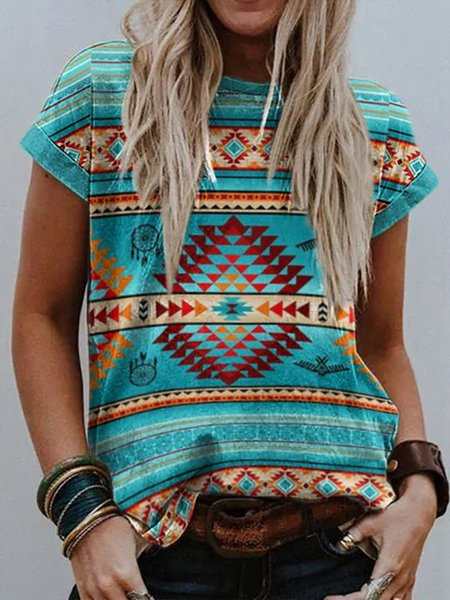 

Crew Neck Cotton Blends Shirts & Tops, Cyan, T-Shirts