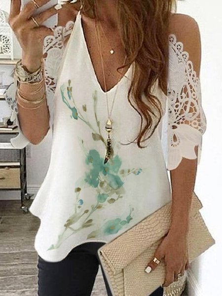 

Casual V Neck Loosen floral Short sleeve tops, White, Tops