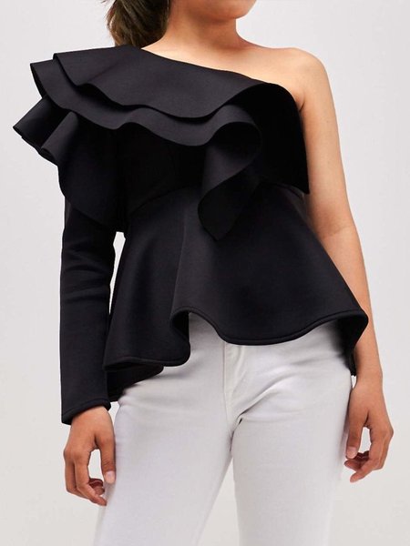 

One Shoulder Solid Slim Fit FlouncingTop, Black, Blouses and Shirts