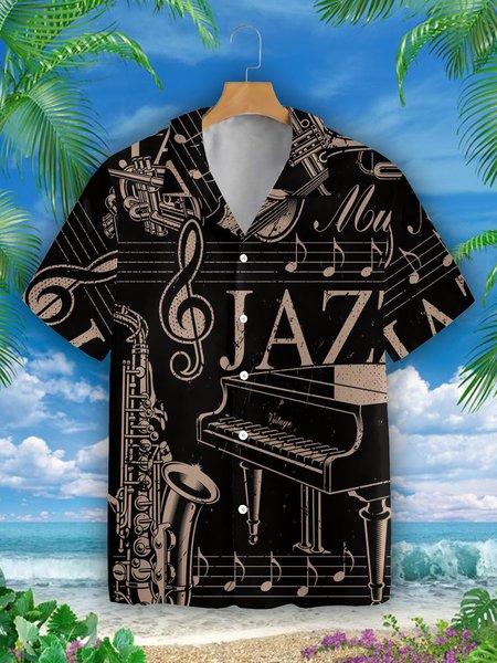 

Mens Music Print Casual Breathable Hawaiian Shirt, Black, Men's Floral shirt