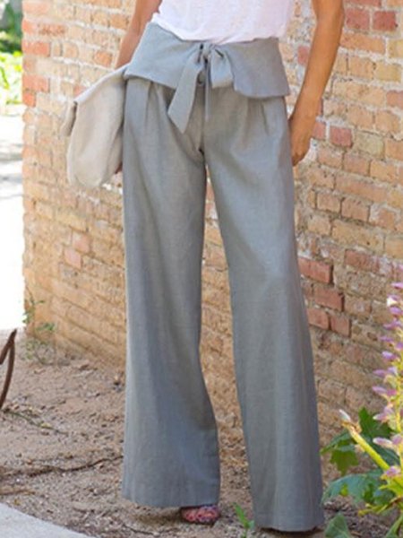 

Loosen Casual Solid Paperbag Pants, Gray, Pants