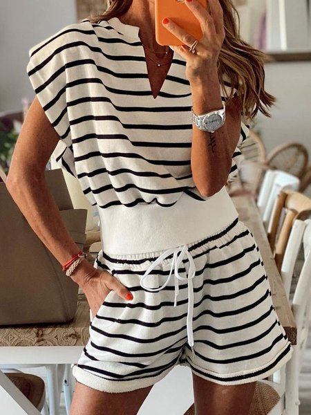 

Striped Cotton Blends Short Sleeve Suits, Black-white, Two-piece Outfits