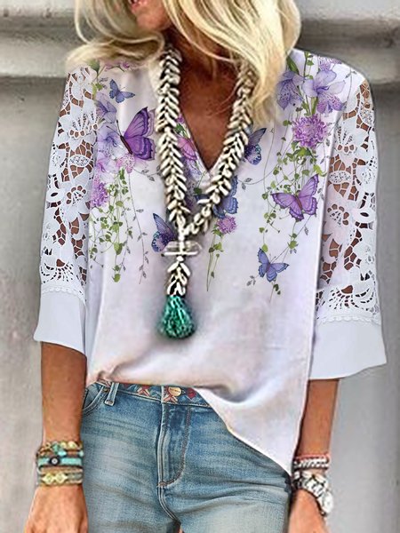 

Lace V Neck Floral Vacation Shirts & Tops, White, T-Shirts