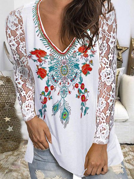 

Casual Floral V Neck Shirts & Tops, White, Tops