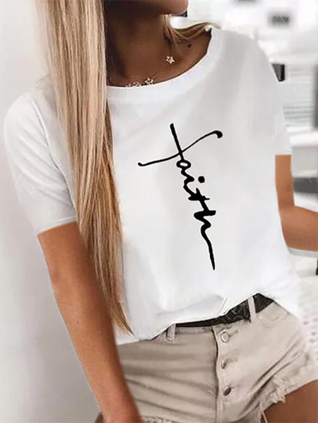 

Short sleeve Crew Neck Letter Casual Short Sleeve T-shirt, White, T-Shirts