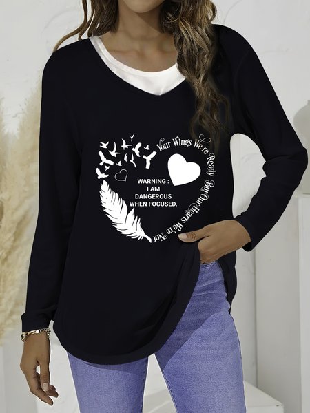 

Color Block V Neck Loosen Cotton Blends Loosen Casual Tunic Shirts & Tops, Black, T-Shirts