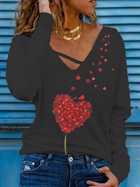 

Casual Cotton Blends heart Shirts & Tops, Black, T-Shirts
