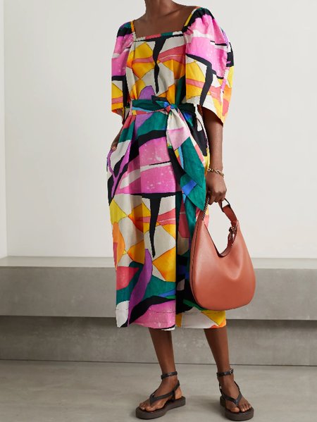 

Regular Fit Vacation Square Neck Belted Dress, As picture, Midi Dresses