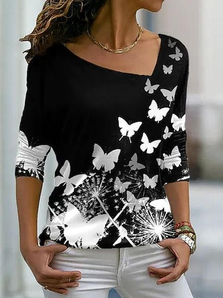 

Butterfly V Neck Cotton Blends Shirts & Tops, Black, Long sleeve tops