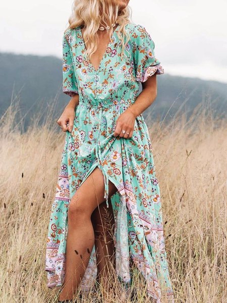

Casual V Neck Short sleeve Woven Dress, Multicolor, Maxi Dresses