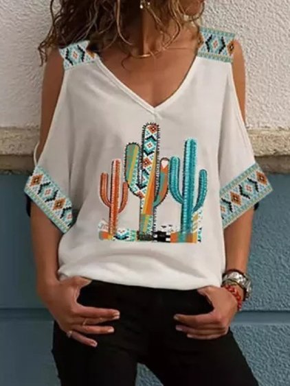 

Vacation V Neck Cotton Blends Shirts & Tops, White, T-Shirts