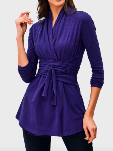 

Spring V Neck Plain Elegant Long sleeve Daily Lightweight Tops, Navyblue, Tops