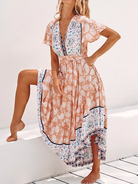 

Plus size Short Sleeve Holiday Boho Short sleeve Woven Dress, As picture, Maxi Dresses