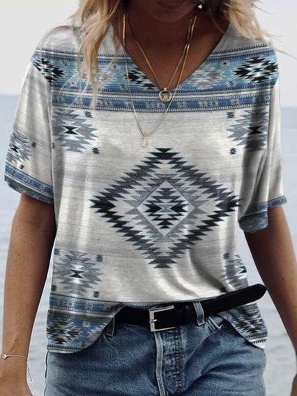 

West Styles/Cows Geometric V Neck Shirts & Tops, Light gray, T-Shirts