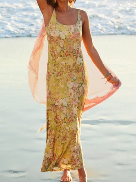 

Floral Maxi Sleeveless Square Neck Spring Dresses, Yellow, Dresses