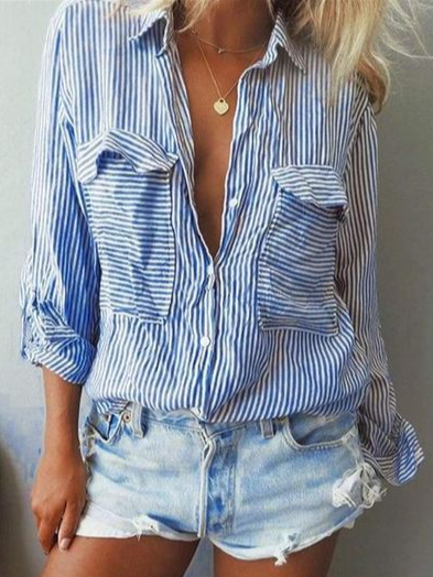 

Loosen Shirt Collar Striped Shirts & Tops, Blue, Shirts & Blouses