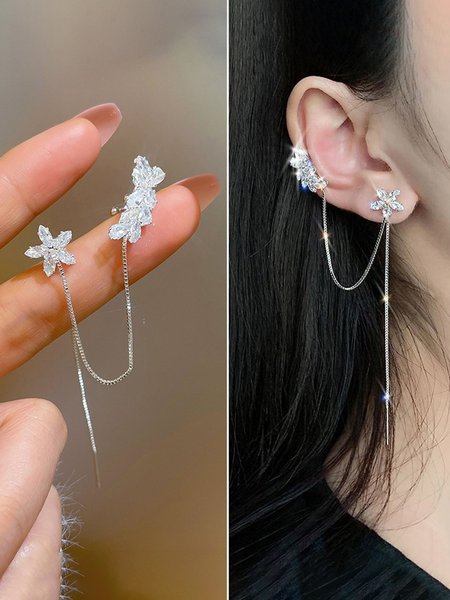 Crystal Zircon Flower Tassel Cuff Earrings, Silver, Earrings