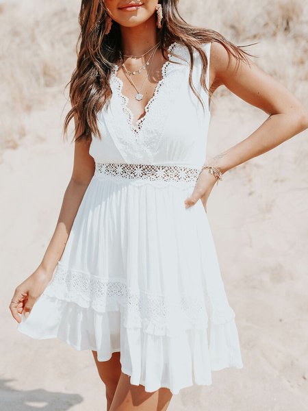 

Vacation Cotton Blends V Neck Dresses, White, Boho dresses
