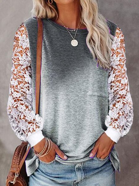 

Ombre Lace Long Sleeves Crew Neck Plus Size Casual Tops, Gray, T-Shirts