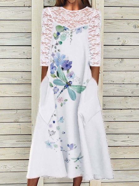 

Lace 3/4 Sleeve Dragonfly Floral Crew Neck Plus Size Casual Long sleeve Woven Dress, White, Midi Dresses