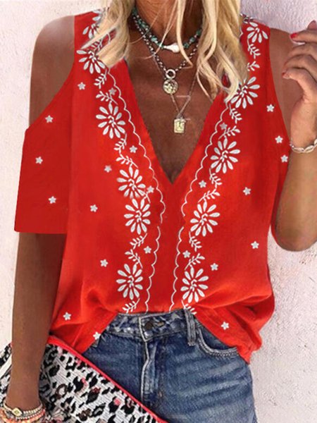 

Polyester Cotton Loosen V Neck Shirts & Tops, Red, Blouses & Shirts