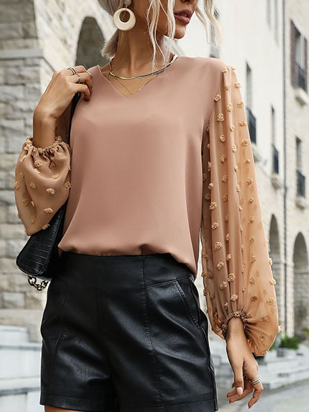 

Plain Casual Loosen V Neck Shirts & Tops, Camel, Long sleeve tops