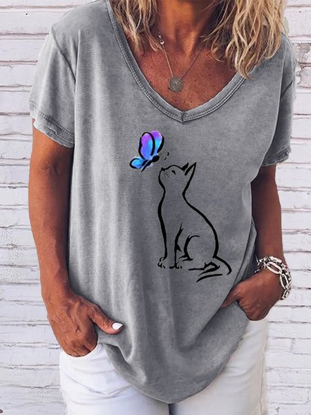Butterfly Cat Print V-Neck Short Sleeve T-Shirt, Gray, T-shirts