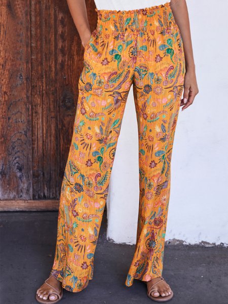 

Floral Cotton Blends Elastic Waist Pants With Pockets, Yellow, Pants