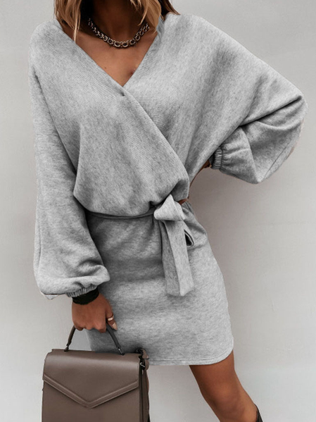 

V neck Plain Casual Cotton Blends Dresses, Light gray, Casual Dresses